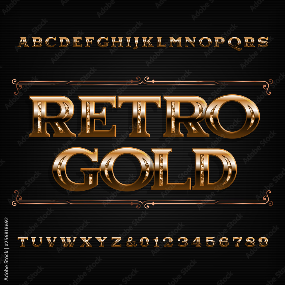 Fototapete retro gold alphabet font. beveled ornate letters and numbers. stock vector typescript for your desig