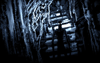 Dark zombie standing in corridor spaceship with blinking blue light.