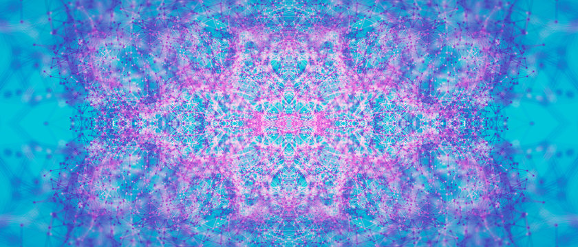 Abstract vibrant kaleidoscopic ornament made of low poly elements. Bohemian decoration. Bright blue pink mandala pattern for background.