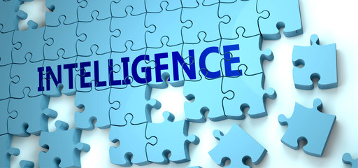 Intelligence puzzle - complexity, difficulty, problems and challenges of a complicated concept idea pictured as a jigsaw puzzle tiles with a English word, 3d illustration