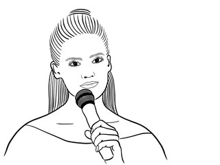 Woman is speaking with microphone in her hand