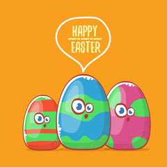 Happy easter cartoon greeting card with cute cartoon egg character isolate on orange background. Vector Happy easter creative concept illustration