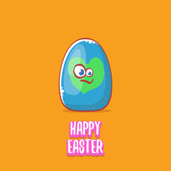 Happy easter cartoon greeting card with cute cartoon egg character isolate on orange background. Vector Happy easter creative concept illustration