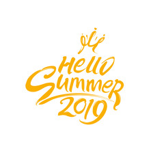 Hello Summer 2019. Vector yellow lettering template. Free inscription with crown princess.