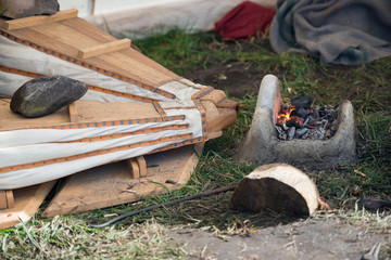 Make fire with old bellows, blacksmith´s tools