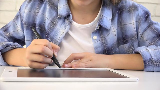 Child Studying on Tablet, Girl Writing in School Class, Learning Doing Homework