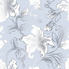 Light pale floral seamless pattern design project. Cold colors. Simple concept luxury floral and leaves seamless pattern for card, invitation, banner, web, banner, header, page, cover, billboard.