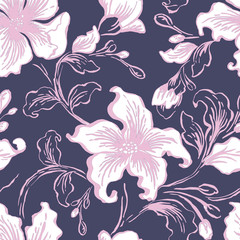 Flower seamless pattern for background, wrapping paper, fabric, surface design. stock vector illustration in fancy tender style.