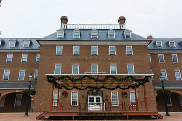 Southern facade of Alexandria City Hall with the Wiley F. Mitchell, Jr. Pavilion fronting the building in Market Square, Old Town Alexandria, Virginia