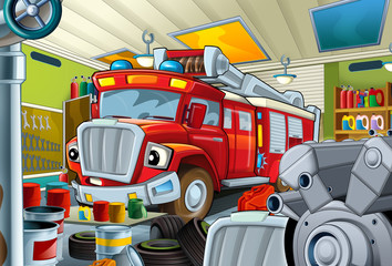 cartoon scene with garage and fireman vehicle - fireman car - illustration for children