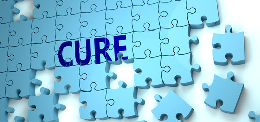 Fototapeta premium Cure puzzle - complexity, difficulty, problems and challenges of a complicated concept idea pictured as a jigsaw puzzle tiles with a English word, 3d illustration