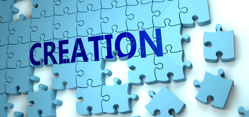 Fototapeta premium Creation puzzle - complexity, difficulty, problems and challenges of a complicated concept idea pictured as a jigsaw puzzle tiles with a English word, 3d illustration