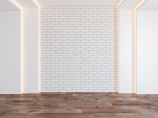 Empty room with blank brick wall, hidden light, parquet wood floor. 3d render illustration mockup.