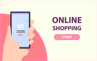 Online shopping banner. Hand take phone with completed order. Flat style. Vector