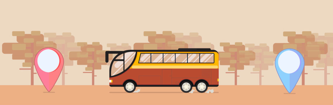 Safari bus with desert background in flat style with points or mark. Vector 