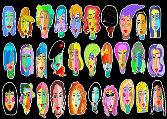 Creative cartoon heads of men and women. Art design of T-shirts, cups, paintings, magazine, brochures and more.