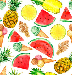 Watermelon, ananas and ice cream on white background. Summer food. Seamless pattern.