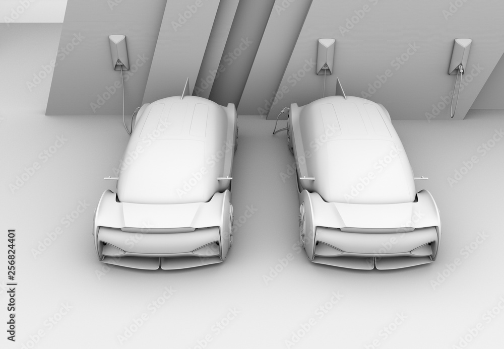 Poster clay rendering of electric car charging in charging station. 3d rendering image.