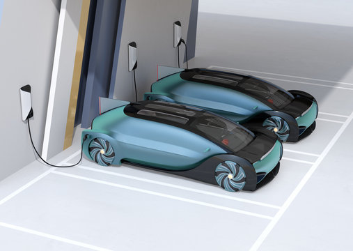 Autonomous electric car charging in charging station. 3D rendering image.