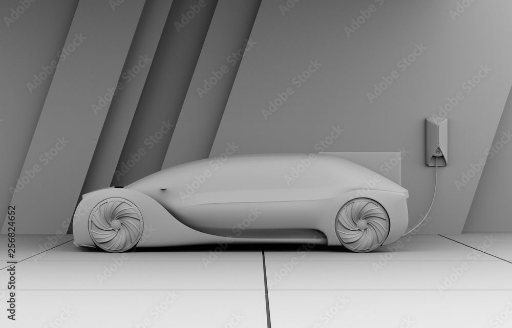 Poster clay rendering of electric car charging in charging station. 3d rendering image.