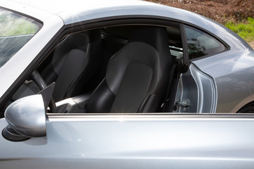 Close up of grey sport door car open with Side Mirror