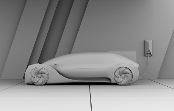 Clay rendering of electric car charging in charging station. 3D rendering image.