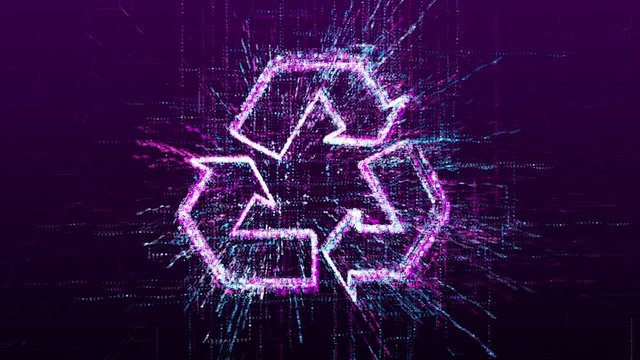 Digital animation of the recycling sign in the virtual space of the future.