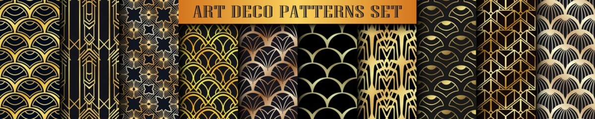 Vintage ornamental art deco retro seamless backgrounds and textures set . Vector illustrations in this collection can be used for wrapping paper, wallpapers, tiling, flooring, fabric, textile