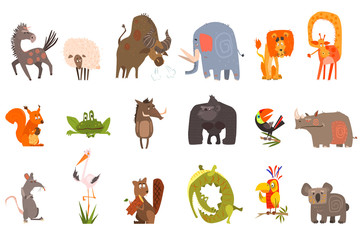 Gedetailleerde platte vector set van grappige dieren. Paard, schaap, bizon, olifant, leeuw, giraf, eekhoorn, kikker, wild zwijn, gorilla, toekan, neushoorn, rat, ooievaar, bever, krokodil, papegaai, koala
