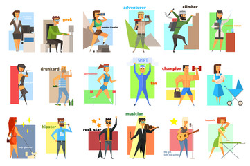 Vector illustration of people with different lifestyles and interests. Professions and hobbies. Geek, housewife, mother, traveler, drunkard, sportsman, musician