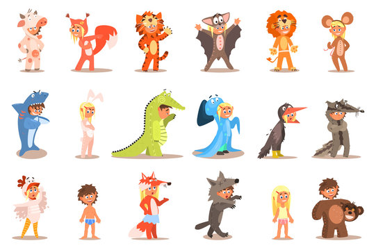 Flat vector set of kids in carnival costumes cow, squirrel, tiger, bat, lion, mouse, shark, hare, crocodile, octopus, crow, wolf, rooster, chicken, fox, bear