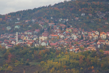 View from the high point to Sarajevo in the mist in the morning. Bosnia and Herzegovina