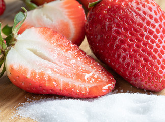 Half. Sugar. Sweetness. Strawberry. Fruits. Red