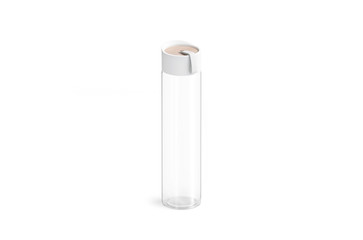 Blank white glass sport bottle mockup, isolated, side view, 3d rendering. Empty transparent...