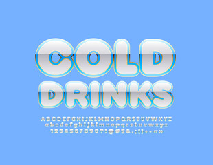 Vector glossy banner Cold Drinks. Blue and White Alphabet set. Font for Marketing, Logo, Advertising design 
