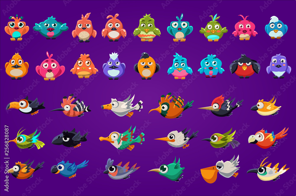 Poster set of cartoon birds. funny creatures with big shiny eyes. gaming assets. colorful graphic elements 