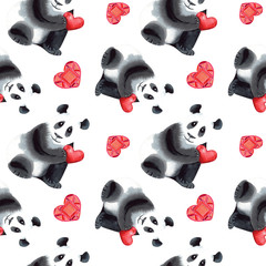 Seamless pattern with hand painted panda with heart    in watercolor on a white background. © Evgeniia