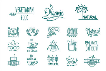 Set of organic food and drinks logos. Healthy vegetarian nutrition. Emblems for cafe, restaurant and natural products packaging. Hand drawn vector labels