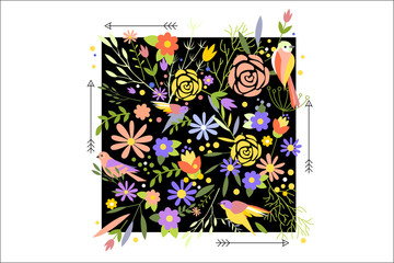Colorful card cover template. Beautiful little birds, leaves, blooming herbs and flowers on black square. Spring time. Floral postcard. Hand drawn vector design