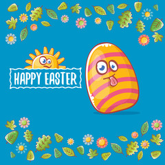 Happy easter cartoon greeting card with cute colorful cartoon egg character and sun isolate on blue background with green leaves and spring flowers. Vector Happy easter creative concept illustration