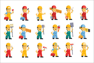 Fototapeta premium Flat vector set of men in working overalls and protective helmets with different equipment for repair and construction. Carpenter industry. Cartoon professional builders