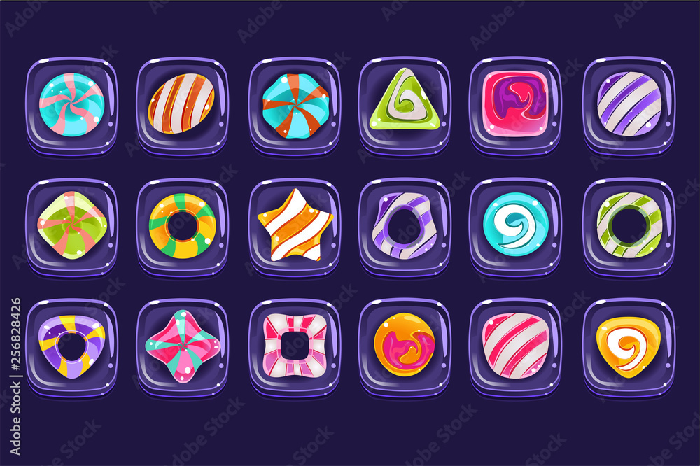 Poster vector set of colorful candies inside transparent bubbles. glossy sweets of various shapes. graphic 