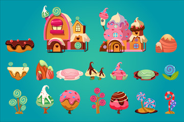 Vector set of sweet landscape elements for fantasy computer or mobile game. Candy land. Gingerbread houses, stones, various plants and platforms. Gaming assets