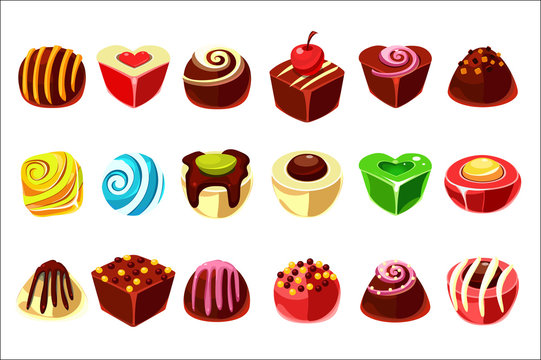 Flat vector set of tasty candies with various filling. Delicious chocolate sweets in different shapes ball, heart, cube . Graphic design for confectionery shop