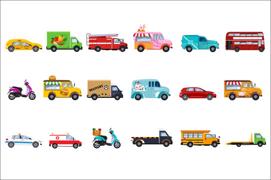 Flat vector set of service vehicles. Police car, taxi, fire engine, ambulance, delivery truck, tourist and school bus, ice cream, fast food and coffee vans