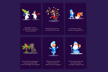 Set of Merry Christmas and Happy New Year flat vector cards. Colorful postcards with snowmen, monkey, Santa Clauses, Snow Maiden and gorilla. Funny cartoon characters