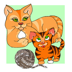 Red cat and red kitten looks like a tiger cub .cartoon style