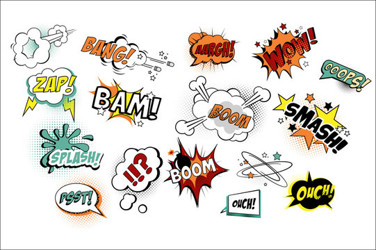 Vector set of speech bubbles in pop art style with text. Various sound replicas Bang, Oops, Boom, Zap. Cartoon design elements for comics book or mobile game
