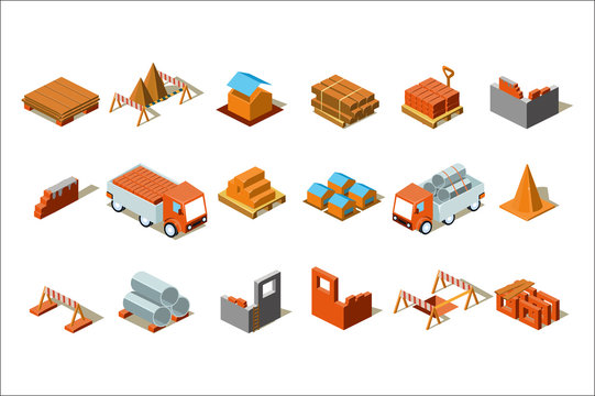 Isometric details of construction. Cargo cars, emergency barriers, materials for construction. Vector elements for building company or website