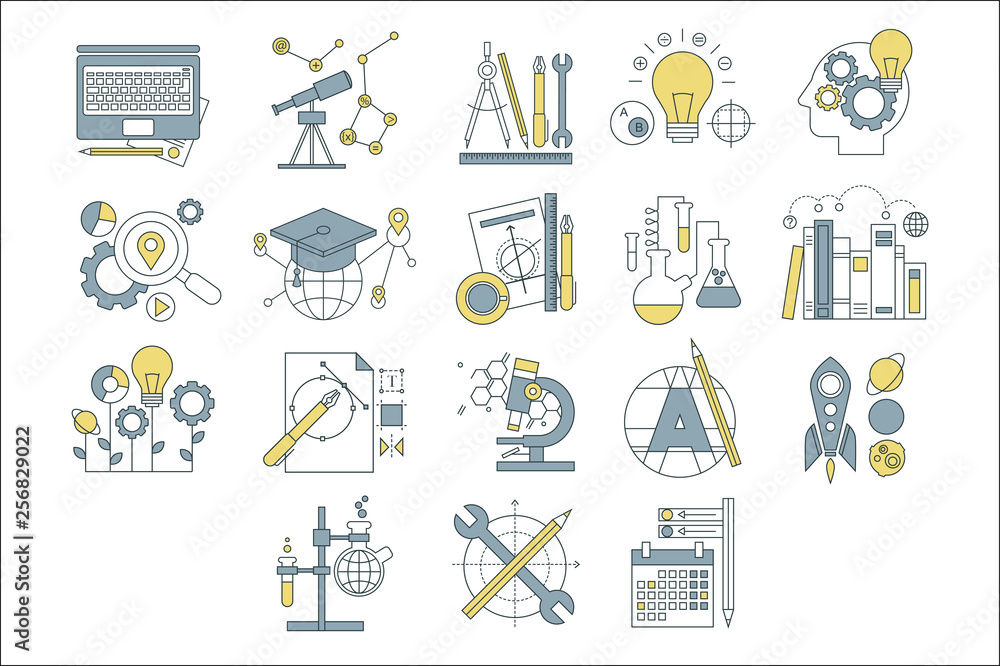 Poster vector set of simple linear icons with colorful fill. development of human mind. creativity and gene